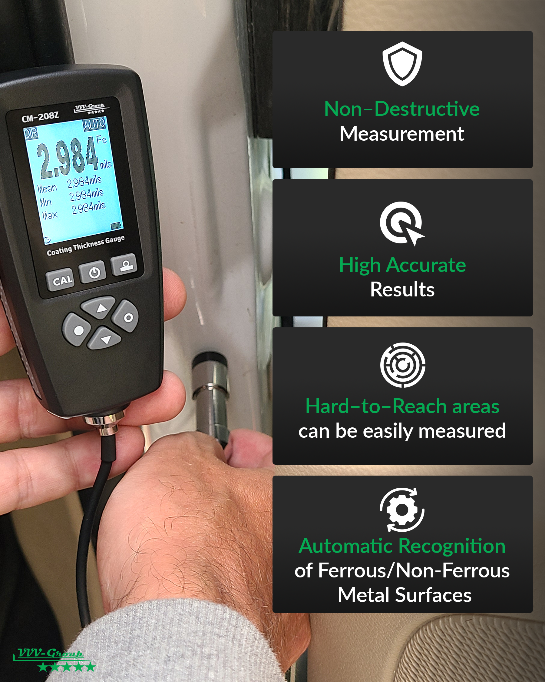 CM-208Z paint thickness gauge with wired sensor for high-precision metal testing