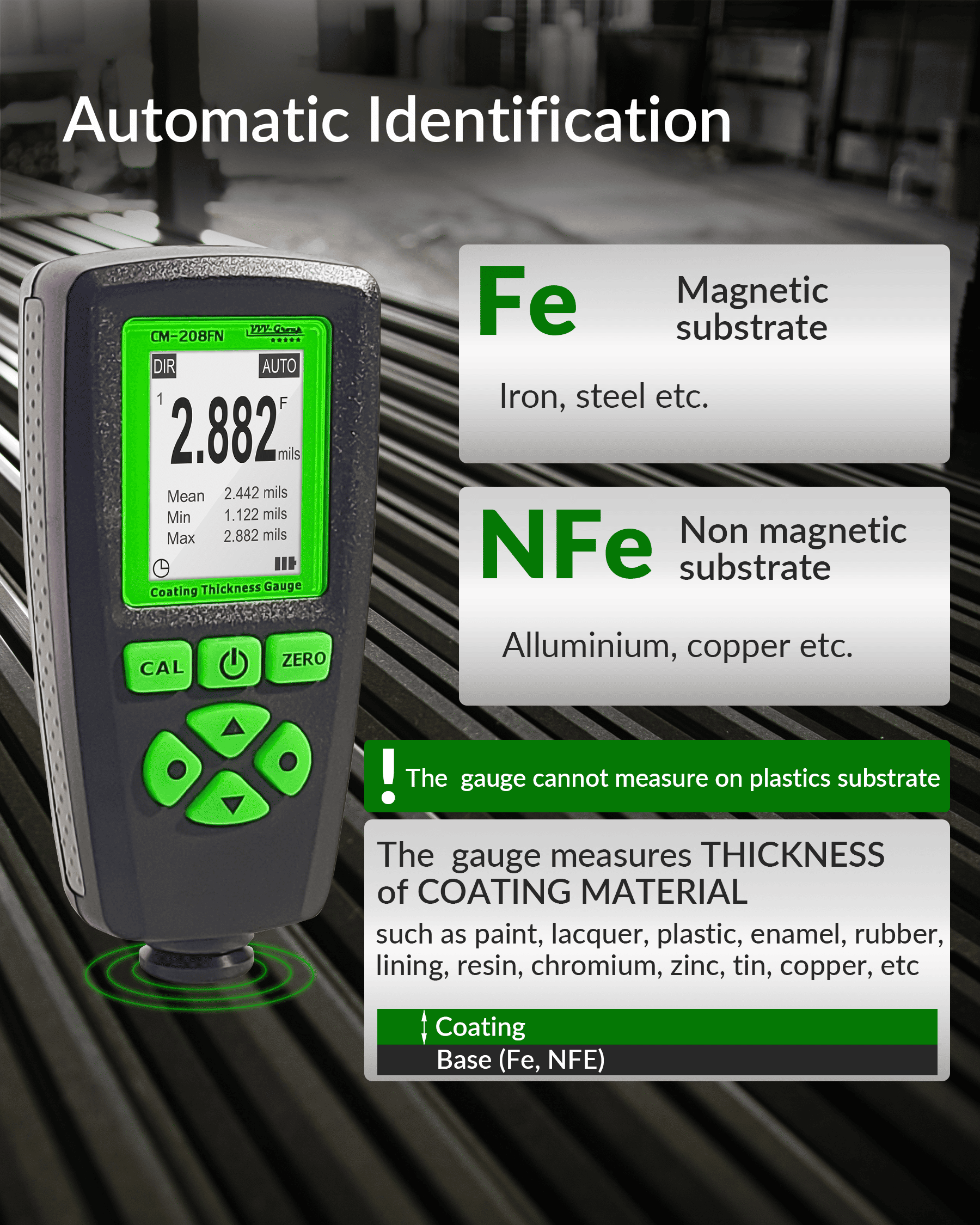 CM-208FN Precision Fe/NFe Coating Gauge Digital Coating Thickness Gauge CM-208FN