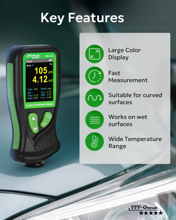 CM-218 paint thickness tester measuring coating on car fender