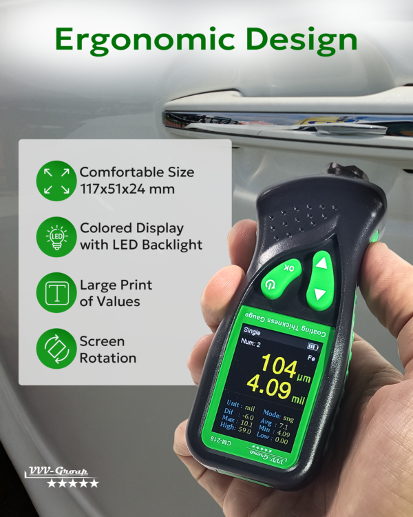 Digital display of CM-218 paint thickness gauge showing measurement value