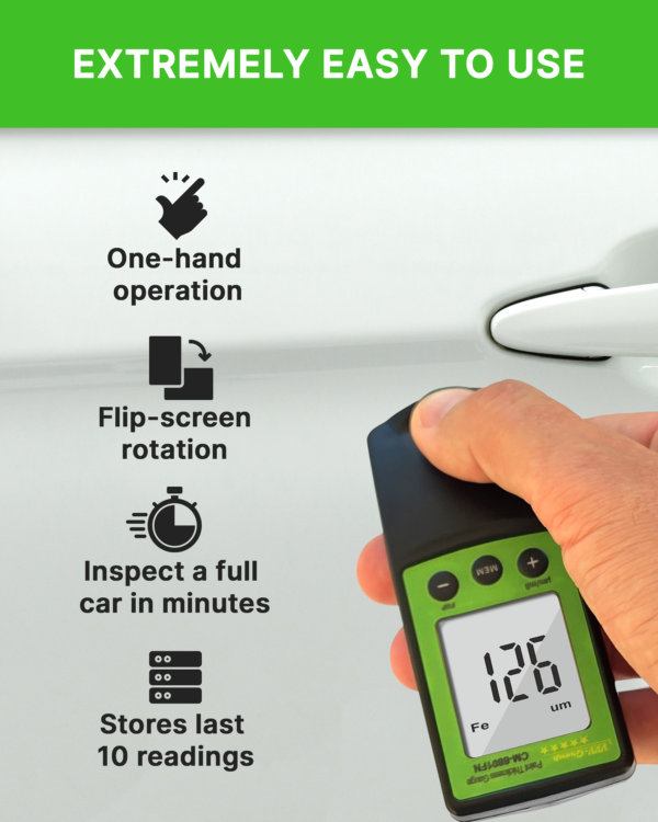 CM-8801FN paint thickness gauge probe touching metal surface